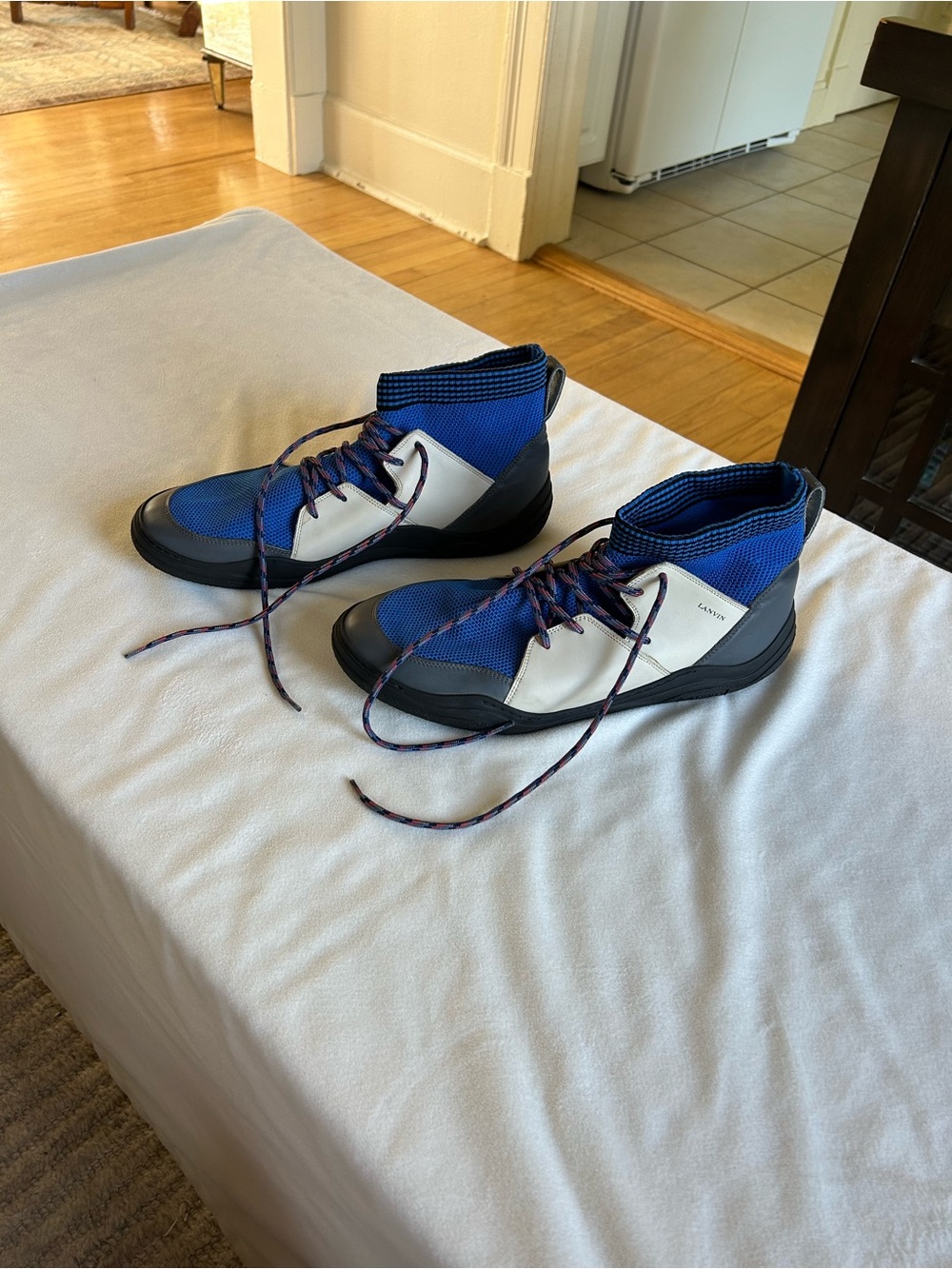 Lanvin Blue, White and Black Knit High-Top Sneakers with Patterned Laces